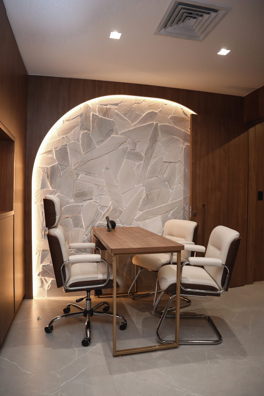 Sala de atendimento do Studio Biotech Wellness — arco de pedra natural e mobiliário sofisticado